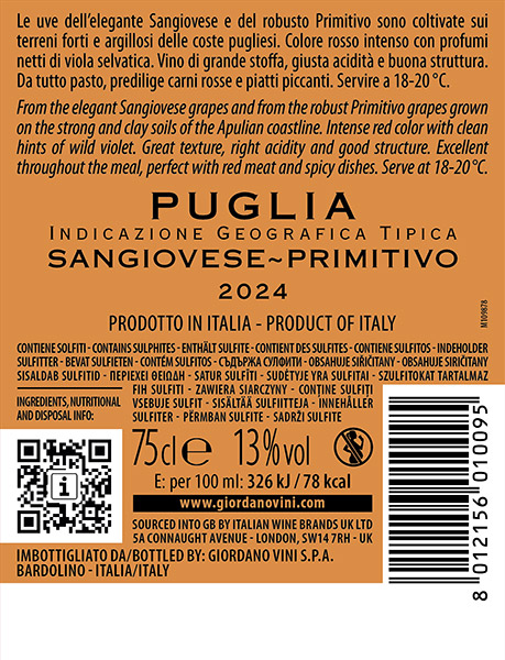 Sangiovese Primitivo Puglia IGT Wines Giordano Wines